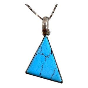 Sterling Silver Necklace Vtg Turquoise Triangle Pendant 925 Italy 29” Box Chain